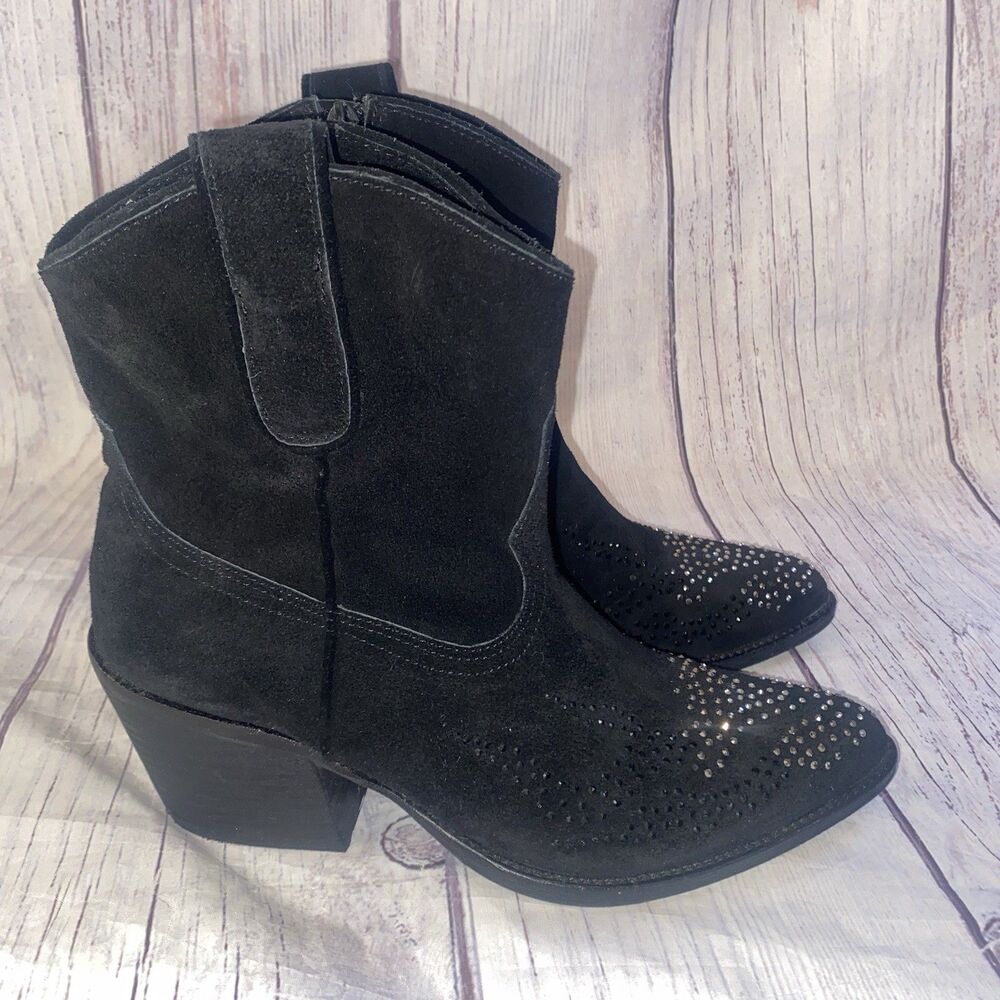 Reba Womens 8.5M Black Suede Leather Western Ankle Boots Studded Cowgirl Zip